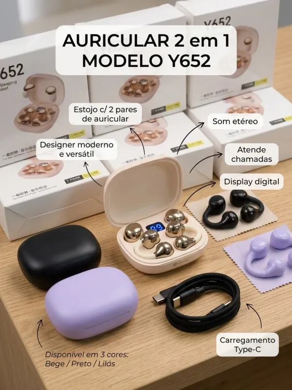 Auriculares Sem Fios 2 em 1 Y652 (Mini Sleeping Headset) – 2 Pares no Mesmo Estojo