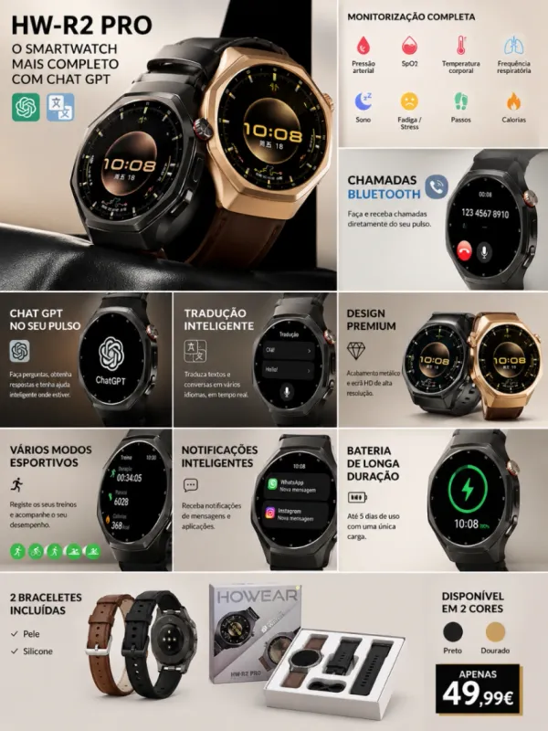 Smartwatch com ChatGPT e Tradução IA